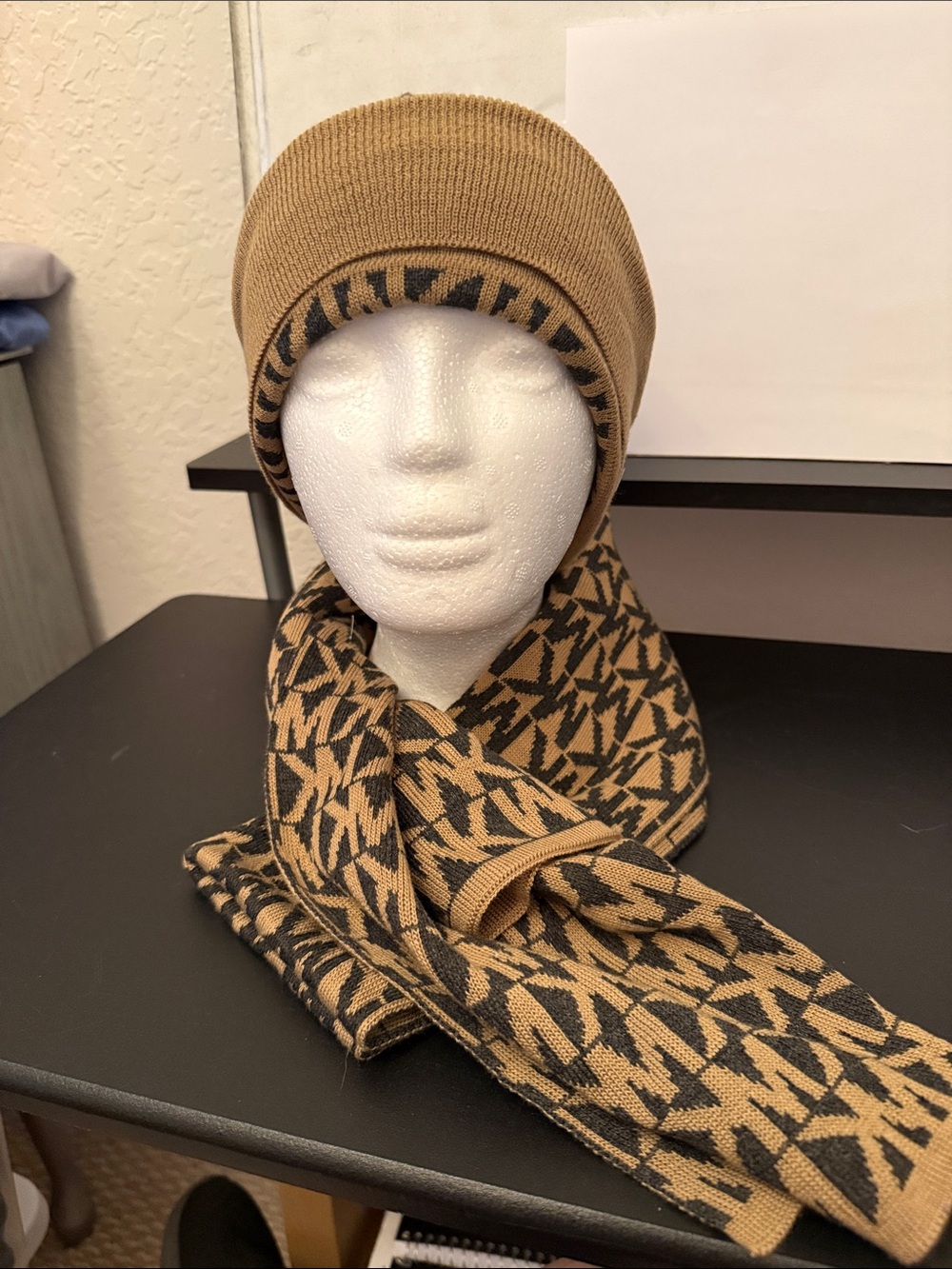 Michael Kors Tan and Black Logo Knit Beanie with Matching Scarf